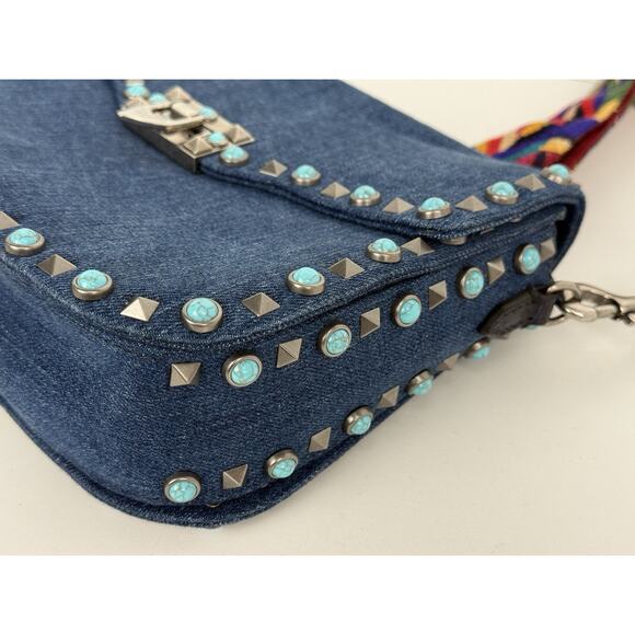 Valentino Rolling Rockstud Denim and Leather Shoulder Bag with Multicolor Strap - Picture 12 of 16